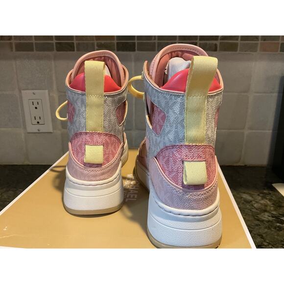 PERFECTION NEW MICHAEL KORS MATSON HIGH TOP CANVAS SNEAKERS PINK MULTI $225 S7.5 - Picture 5 of 12